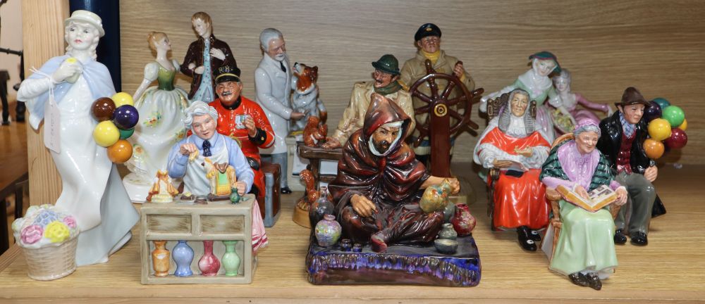 Twelve various Royal Doulton figures and groups and a Coalport lady